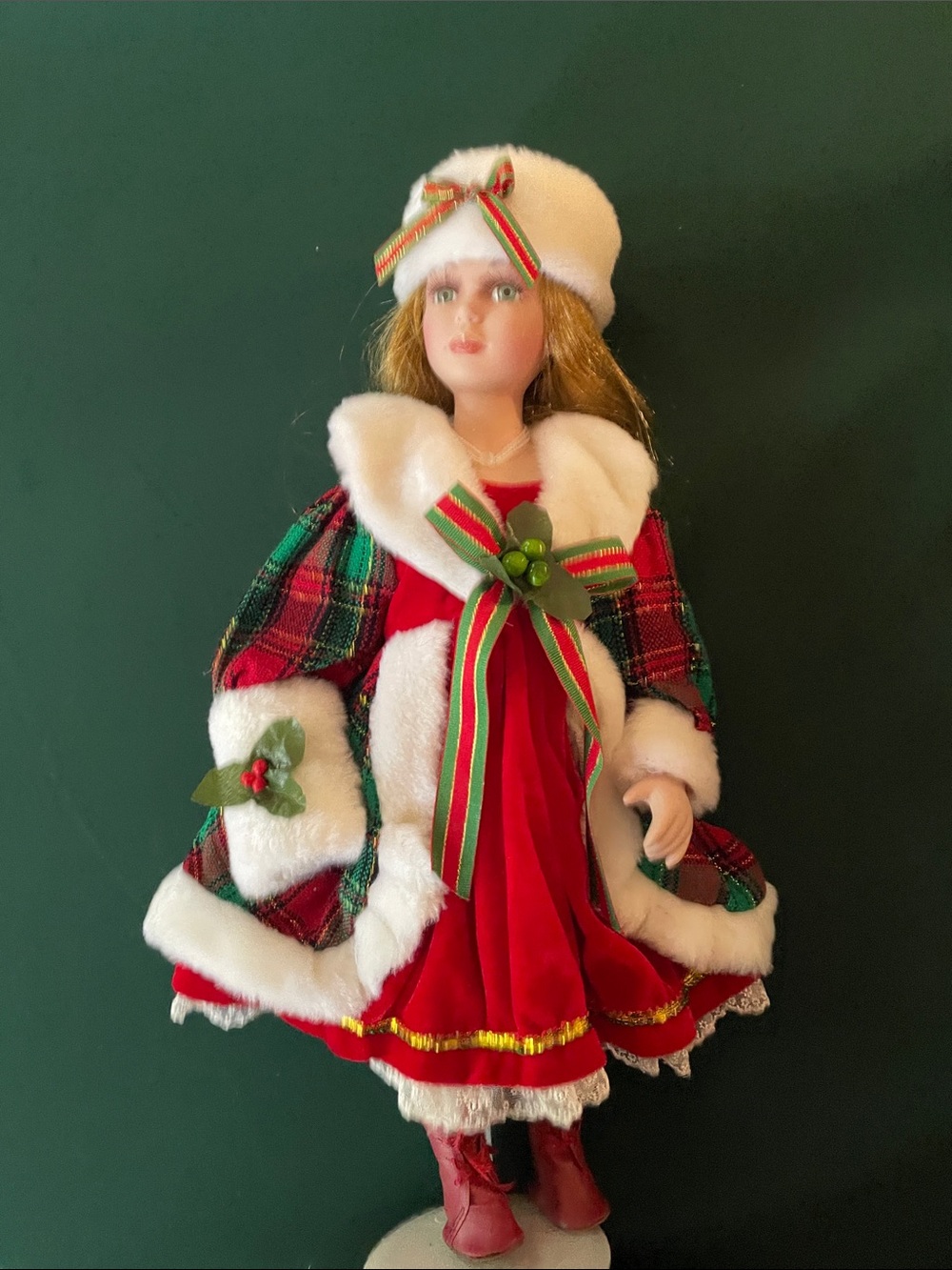 Red & Green Holiday Porcelain Doll Plaid Dress with Faux Fur Trim